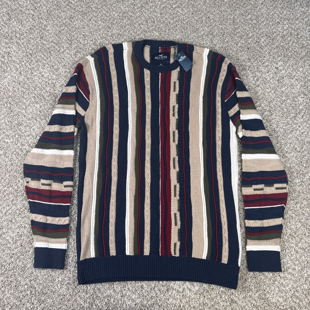 Hollister Sweater Mens Medium Navy Burgundy 3D Knit Striped Textured